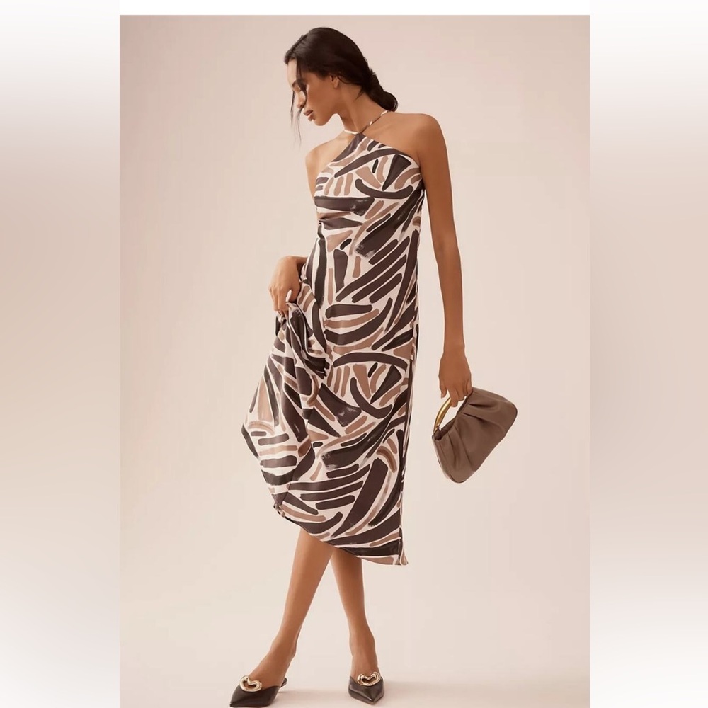 NEW By Anthropologie Halter Slip Midi Dress Large Petite Brown Asymmetrical